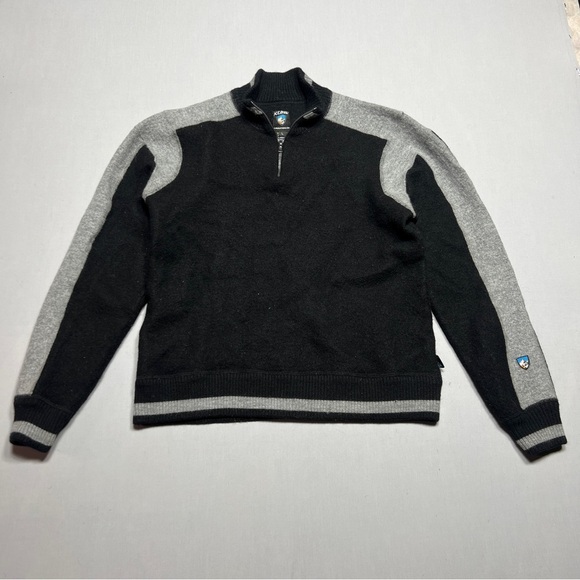 Kuhl Mens L Black Gray 100% Merino Wool 1/4 Zip Pullover Sweater - Picture 1 of 8